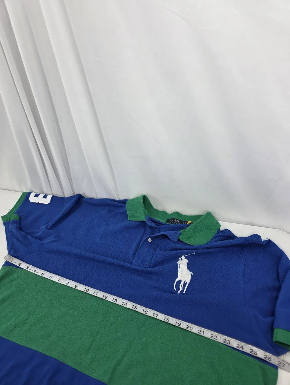 Polo Ralph Lauren Men's Pique Polo Big And Tall 2XLT Green Blue Stripe Big Pony.